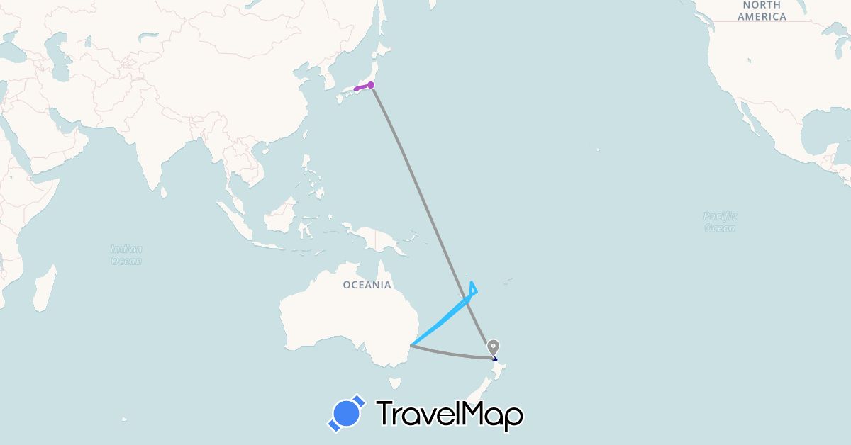 TravelMap itinerary: driving, bus, plane, train, boat in Australia, Japan, New Caledonia, New Zealand, Vanuatu (Asia, Oceania)